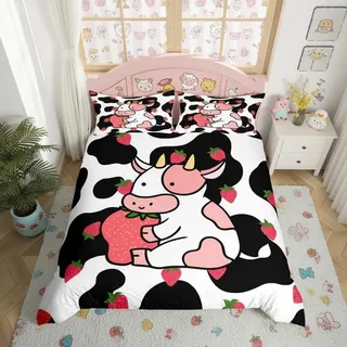Bettwäsche-Set 155x220 cm mit Kissenbezug 80x80 cm, rosa Kuh & Erdbeer-Druck, Microfaser