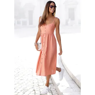 Sommerkleid LASCANA, Damen, Gr. 38, N-Gr, beige (puder), Web, Obermaterial: 58% Viskose, 28% Baumwolle, 14% Leinen, figurumspielend Midi, V-Ausschnitt, Kleider Sommerkleid, aus Leinenmix mit Baumwolle, Midikleid, Strandkleid