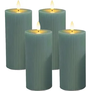 Relaxdays LED Kerzen, 4er Set, HxD: 18 x 7,5 cm, flackernde Flamme, Echtwachs, Rillen, flammenlose Blockkerzen, Khaki