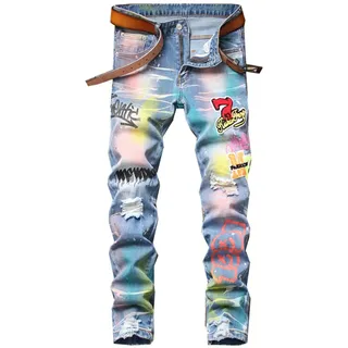Bysonglezai Jeans Herren Jeanshosen Hose Freizeithose Farbig Bemalte, Bedruckte Denim-Jeans, Modische Löcher, Zerrissene Hosen, Patchwork-Stretchhose