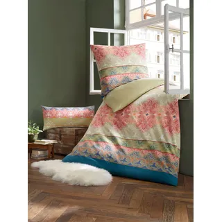 Bettwäsche HEINE HOME Gr. 3, bunt (pistazie, koralle, gemustert), B/L: 155cm x 220cm, Feinbiber, B/L: 80cm x 80cm, 2 Stk., Feinbiber, 100% Baumwolle, Bettwäsche, Bettwäsche