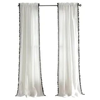 Lush Decor Pom Curtain | Textured, Solid Color Vintage Chic Style Window Panel for Living, Dining Room, Bedroom (Single), Black, 50" W x 84" L