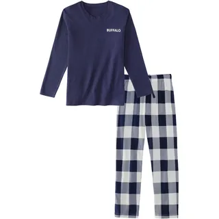 Pyjama BUFFALO, Jungen, Gr. 182, blau (navy, sanftes weiß kariert), Jersey, Obermaterial: 100% Baumwolle, kariert, Basic, bequem lang, Rundhals, abgesteppte Kante, Homewear-Sets Pyjama, Schlafanzug im coolen Karolook