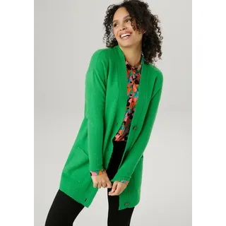 Longstrickjacke ANISTON SELECTED, Damen, Gr. 40, grün, Strick, Obermaterial: 74% Polyacryl, 23% Nylon, 3% Elasthan, unifarben, Basic, lässig geschnitten ca. Mitte Oberschenkel, tiefer V-Ausschnitt, Rippstrickbündchen, Strickjacken Longstrickjacke, mit aufgesetzen Taschen