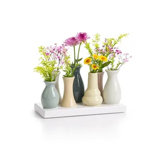 Dekovase Handgefertigte kleine Keramik Deko Blumenvasen Set aus kleinen Vasen, bunt & weiß, dekorative Keramikvasen auf Sockel für Trockenblumen, hübsche Mini Vase (Vase (7er) bunt V1-20cm)
