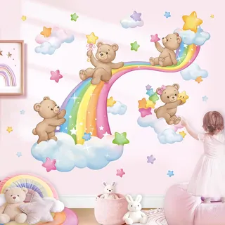 decalmile Wandsticker Tiere Regenbogen Wandtattoo Bär Wolken Bunte Sterne Wandaufkleber Kinderzimmer Babyzimmer Mädchenzimmer Wanddeko