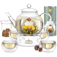 Teabloom Vollständiges Tee Set – 1,2 L Teekanne Glas mit Siebeinsatz Herausnehmbar und Feuerfest – Teekanne mit Stövchen Inklusive 4 Isolierende Teetassen aus Glas und 12 Teeblumen