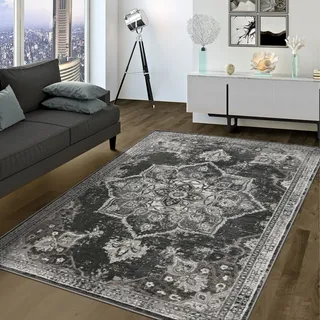 TT Home Wohnzimmer Teppich Kurzflor Mandala Style Umrandung Marokkanisches Design Used Look Größe 80x150 cm - Schwarz