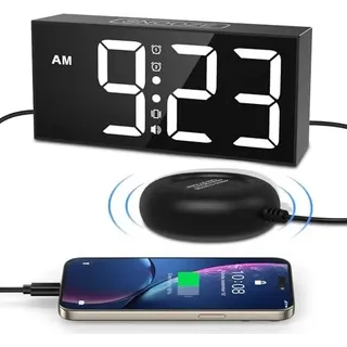 Vibrationswecker, lauter Uhrenbettschüttler, 7,5 -Zoll -LED -Bildschirm, 3 Modi, zwei Alarme, 5 Dimmer, 4 Bände, Snooze, tiefe Schläfer, Hörgeschädigt