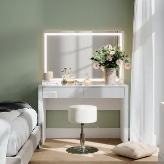Vicco Schminktisch Annabelle, 110 cm mit LED-Spiegel und Hocker, Weiß Hochglanz/Weiß