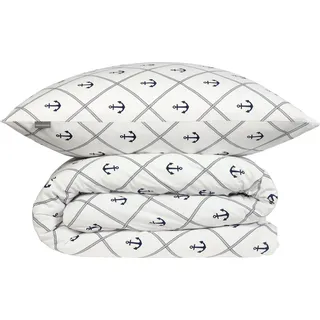 Schiesser Bettwäscheset Nola | 2-teilig | Maritim | Renforcé | 100 % Baumwolle | Reißverschluss | 135x200cm + 80x80cm | Weiß-Dunkelblau