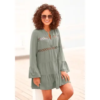 Longbluse LASCANA, Damen, Gr. 36/38, grün (helles khaki), Web, Obermaterial: 100% Viskose, unifarben, figurumspielend kurz, V-Ausschnitt, Volant, Blusen Longbluse, mit Spitzeneinsätzen, Tunika, Blusenkleid, Strandmode