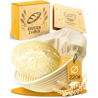 KRUSTENZAUBER Gärkorb zum Brotbacken rund 22cm - Rundes Gärkörbchen aus Rattan mit Gärtuch - Brot Backen Zubehör, Brotkorb, Brotbackform, Sauerteig Zubehör, Gärfolie Brot, Brotkörbchen
