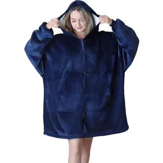 Queenshin Hoodie Decke Mit Reißverschluss Kuschelpullover Sweatshirt Größe Für Erwachsene Damen Männer, Flauschige Decke Mit Ärmeln Und Kapuze,Furry Dunkelblau Wohndecke Eine Größe Für Damen Männer