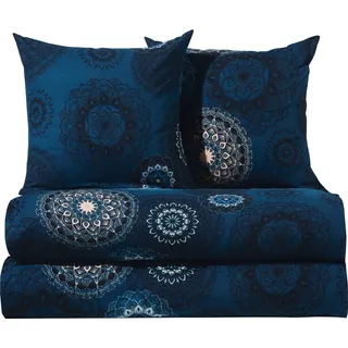 Erwin Müller Bettwäsche, Bettgarnitur Sparpaket 4-TLG. Flanell - Mandala - mollig warm, temperaturregulierend, mit praktischem Reißverschluss - dunkelblau Größe 80x80 cm / 135x200 cm