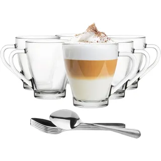 Glasmark KROSNO 1992 Kaffeegläser Mit Henkel Und Löffel 6 Stück 200 ml Transparentes Glas Kaffeetassen Teegläser Cappuccino Latte Eistee