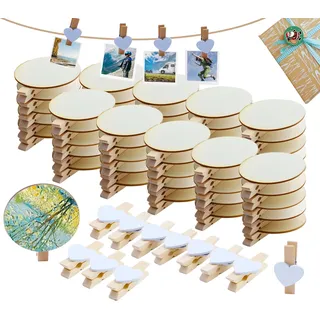 ADNEWX 60 Mini Holzklammern Natur Runder Scheibe Herzklammern, Kleine Wäscheklammern für Adventskalender Fotos Aufklebern Bastelarbeiten Geschenktüten DIY Holz Klammern