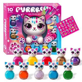 Katzen-Nagellack-Set für Kinder – Beauty4Britain, 10 Farben, Wasserbasiert, Schnell Trocknend, Abziehbar, Mit Katzen-Nagelstickern, Geschenkset