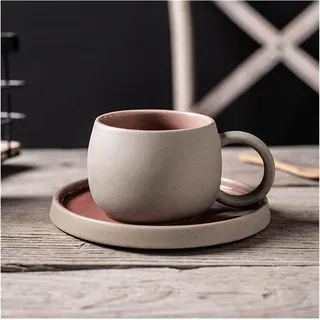 MAGICVOGEL Retro Kaffeetasse mit Untertasse aus Steingut Espressotasse 250ml dickwandige Teetasse matt Stil Keramiktasse Set für Kaffee Tee Kakao Espresso Cappuccino (Rosa)