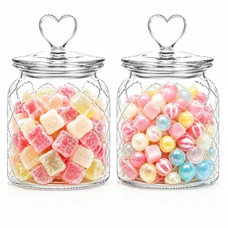 HomeyHoney Deko Glas mit Herzförmig Deckel, Candy Bar Gläser 2er Set | Runde Vorratsgläser mit Niedlich Deckel Küche als Spaßglas, Bonbonglas für Süßigkeiten, Kaffee, Kekse, 650 ml, Gitter Textur