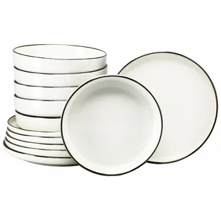 Tafelservice CREATABLE "Nordic Festive, Service 12-tlg.", creme, 12, Steinzeug, Geschirr-Sets, Tafelservice, Teller Set, Minimalistisches Design, Dezente goldene Akzente