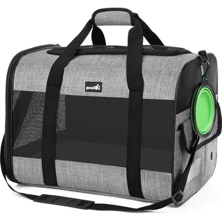 Tragetasche für Haustiere XL - für Hund & Katze - Hundetasche inkl. faltbare Schüssel - Katzentasche mit atmungsaktivem Netzstoff - Schwarz/Grau