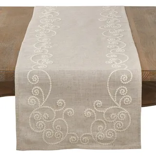 SARO LIFESTYLE Embroidered Swirl Design Linen Blend Tischläufer, Polyester, Natur, 16" x 72"