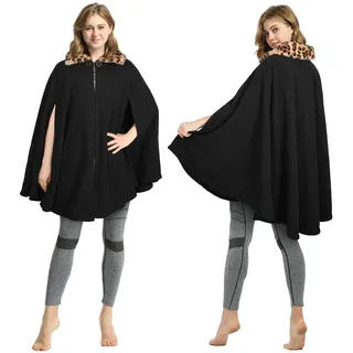 Catalonia Classy Damen-Poncho mit Geparden-Kunstpelzkragen, Fleece-Mantel, weicher, Warmer, kuscheliger Umhang, Geschenkidee für Erwachsene und Teenager-Mädchen