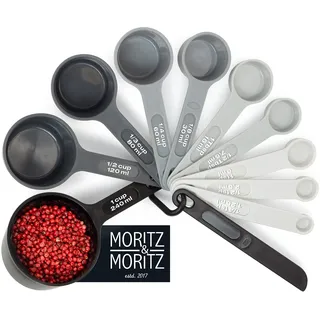 Moritz & Moritz 11-TLG. Messlöffel Set 1/4 TSP bis 1 Cup - stapelbar - Messbecher Measuring Cups und Measuring Spoons 1,25-240ml inkl. Streichlineal - Zum Kochen & Backen mit Kindern (Schwarz)