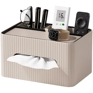 KINGFOM Kosmetiktücherbox aus PU Leder mit Ablage, Rechteckige Taschentuchbox mit 2 Fächern – Moderne Tissue Box Taschentuchspender für Wohnzimmer, Badezimmer & Büro, Tücherbox Organizer (Beige)