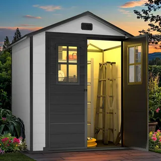 YITAHOME Klein Gartenhaus Kunststoff 183x135x208,Fahrradgarage,Grau Schwarz | Gerätehaus mit Boden|abschliessbar|UV-bestaendig|Wetterfest|Schrägdach|Garten Werkzeug Aufbewahrung|Gartenmöbel Unterstand
