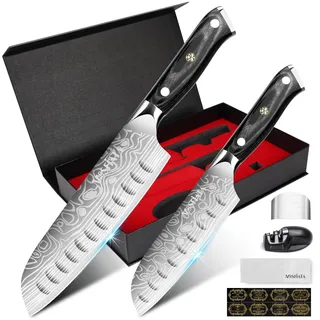 MOSFiATA Messerset Küchenmesser Set 2-tlg Santoku Messer 18 cm und 14 cm, Kochmesser Profi Japanisches Messer Kommt mit Scheide und Messerschärfer