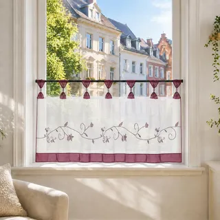Joyswahl Scheibengardine Voile Bistrogardine Selina Bestickt 45x120 Violett | Küchengardinen mit Blumen-Stickerei Muster, Transparente Gardine, 1er Pack, Fenstergardine Landhaus, Kurzstore mit Schlaufen