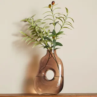 DN DECONATION Blumenvase Glasvase, transparentes braunes Glas, asymmetrisch | oval mit Kreisausschnitt, moderne Dekovase für Zuhause Innenbereich, Tischdekoration, geeignet für trockene Äste und Zweige