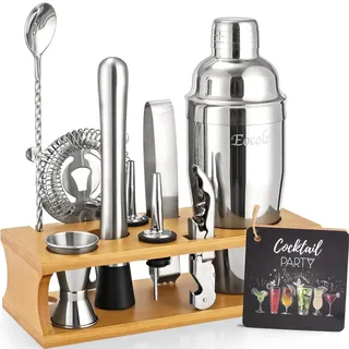 Cocktail Shaker Set mit Bambus Ständer & Rezeptbuch, Edelstahl 750ml Bar Cocktailset Cocktailshaker mit Bar Zubehör Werkzeug,11 Stück Cocktail Mix Set für Barkeeper Geschenk Frauen