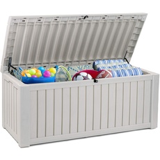 Koll Living Auflagenbox/Kissenbox 570 Liter l 100% Wasserdicht l mit Belüftung dadurch kein übler Geruch/Schimmel l Moderne Holzoptik l Deckel belastbar bis 250 KG (2 Personen) (Weiß)