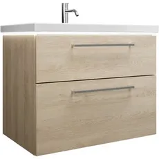 Burgbad Eqio Keramik-Waschtisch inklusive Waschtischunterschrank und LED-Waschtischunterschrankbeleuchtung, Breite 830 mm, SEZA083, Farbe (Front/Korpus): Eiche Dekor Cashmere / Eiche Dekor Cashmere, Stangengriff Chrom P95