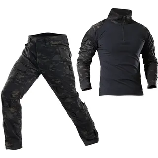 Taktische Airsoft Tarnanzug Herren Paintball Combat Shirt Hose Sets Langärmlige Militär Anzug Outdoor Camouflage Jagdbekleidung BDU Uniform (Schwarzcamo, S)