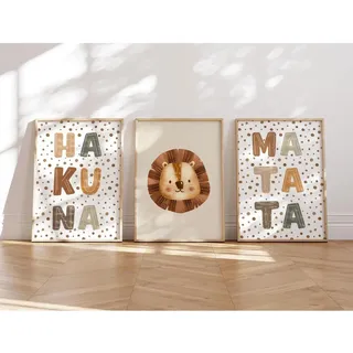 MeinBaby123® Poster Kinderzimmer | 3er Set DIN A4 | Wandbilder | Kinderzimmer Poster | Deko Bilder | Babyzimmer Deko | Geschenk zur Geburt | Wandposter Premium (Hakuna Matata A4)