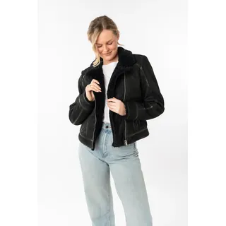 Lederjacke MAURITIUS "MWRila SF", Damen, Gr. M, schwarz, Fellimitat: 100% Polyester. Obermaterial: 100% Schafsleder. Futter: 100% Baumwolle. Ärmelfutter: 100% Polyester, unifarben, slim fit hüftlang, Jacken Lederjacke, gefüttert, mit Reverskragen