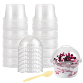 STARVAST 100 Stück Dessertbechern 250 ml/8 oz Dessertschalen-Set, Mit 100 Suppenlöffeln 100 Deckel, Dessertschalen mit Deckel Wiederverwendbar für Mousse, Pudding, Eis, Buffets, Dessertparty, Picknick