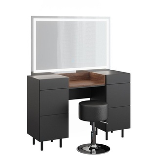 Vicco Schminktisch Anika 120 cm mit LED Spiegel und Hocker, Anthrazit Walnussbraun, 6 Schubladen, Schlafzimmer