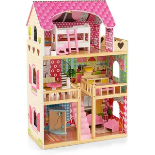 COSTWAY Puppenhaus aus Holz, Puppenstube mit 3 Etagen & 15 Möbel & 6 Zimmern, Traumhaus für Mädchen, Puppenvilla Dollhouse Spielzeug für Mädchen ab 3 Jahren