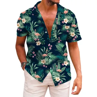 KYKU Herren Hawaiihemd Sommer Strand Button Down Kurzarm Shirts Tropical, Flamingo Green, 3X-Groß