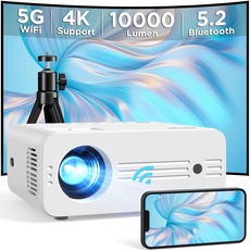 AKIYO Beamer, Full HD 1080P 10000 Lumen Beamer 5G WiFi Bluetooth mit Stativ, Unterstützung Beamer 4K Heimkino für Handy Phone, Projektor Kompatibel mit iOS/Android/TV Stick/PC/PS5/HDMI