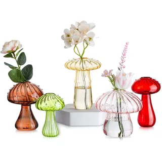 Glasseam Pilzförmige Glasvase, Deko Vase Bunt 5er Set, Blumenvase Modern, Kleine Vasen für Tischdeko, Pilz Vasen Glas Propagation Station für Schlafzimmer Tisch,Minivasen für Tischplatten Dekoration