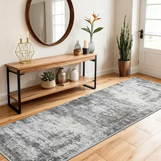 SOANNY Teppich Läufer 60x180 cm Kurzflor, modern abstrakt, super weich, waschbar und rutschfest für Flur, Wohnzimmer, Schlafzimmer, Bettumrandung, Küche, Heimbüro, Korridor und Treppe, Aschgrau