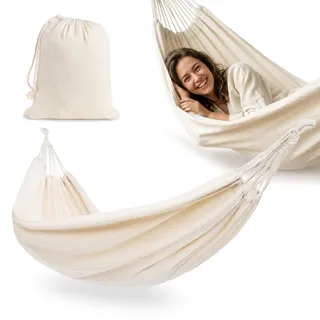 HyperMotion Boho Hängematte Beige mit Tragetasche, Polyester-Baumwolle-Mischung, 200 × 150 cm, bis 100 kg Traglast, für Garten, Balkon, Terrasse und Camping