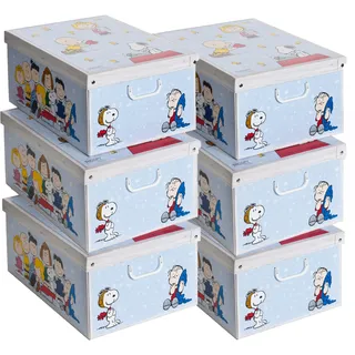Set aus 6 Aufbewahrungsboxen mit Deckel – Große Kleiderboxen aus Karton 39x50x24 cm – Robust, leicht zu montieren, mit Tragegriffen – Perfekt für Kleiderschrank & Saisonwechsel Peanuts