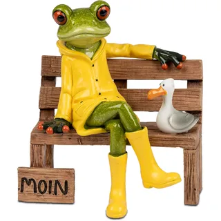 formano Frosch auf Bank mit Moin-Gruß und Möwe aus Kunststein, handbemalt, 13 cm, Norddeutscher Frosch mit gelben Gummistiefeln und Regenparker
